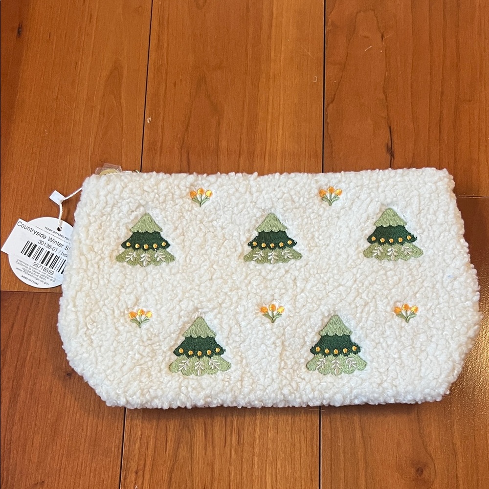 Embroidered White Pouch with Green Trees